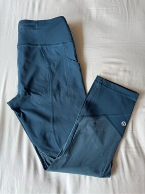 Lululemon Teal Mesh Panel Crop Leggings Size 8 Pockets Zipper Back